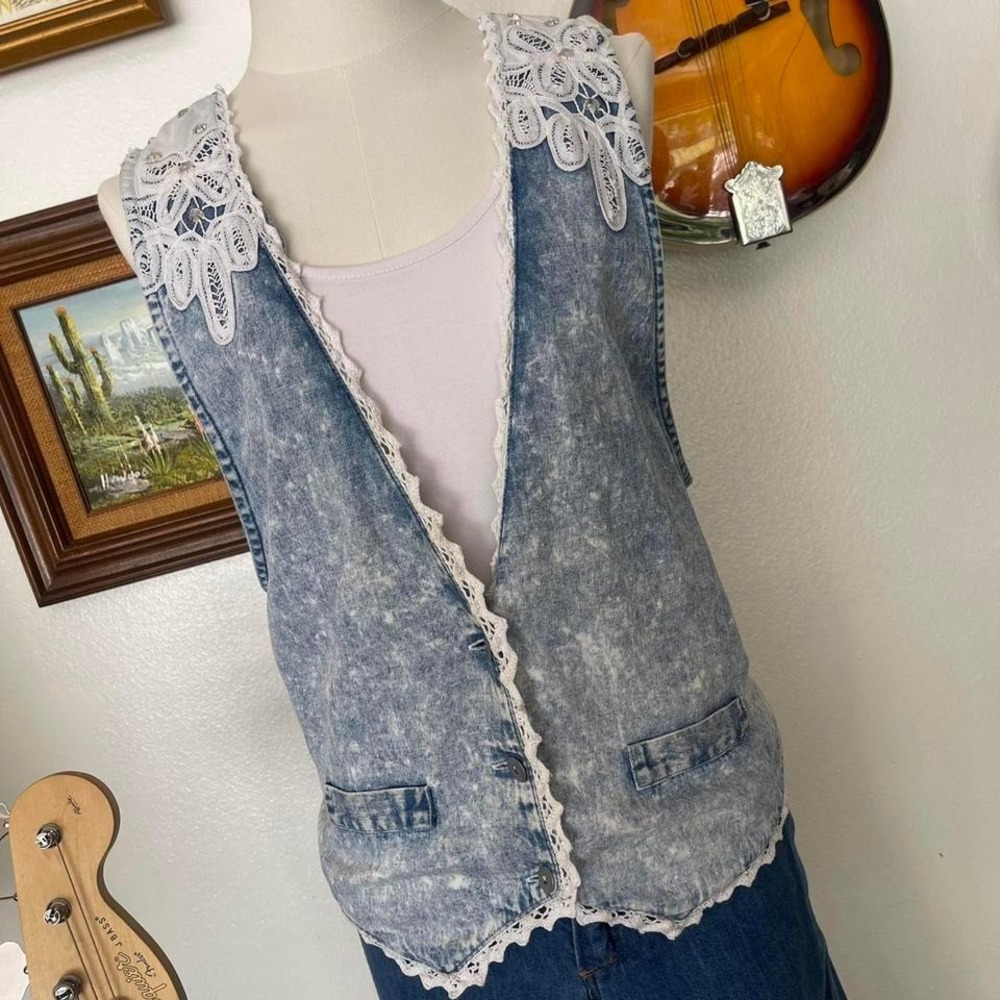 Vintage acid washed lace trim vest vintage vest womens vest western vest